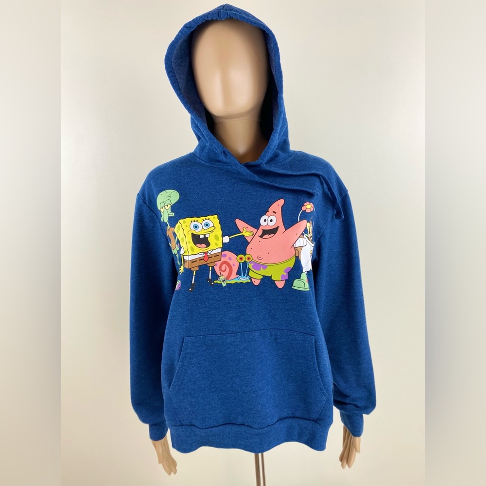 SpongeBob SquarePants Cast, Pullover Hoodie Sweater, Blue Juniors Size M (7-9)